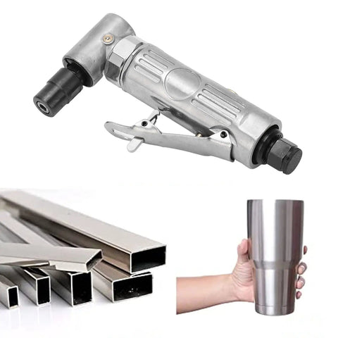 Heavy Duty 90 Degree Pneumatic Air Die Grinder With 0.3 HP Motor And Lightning Fast 20000 Rpm Speed Tough As Nails Tungsten Steel Build positioned above various stainless steel materials.