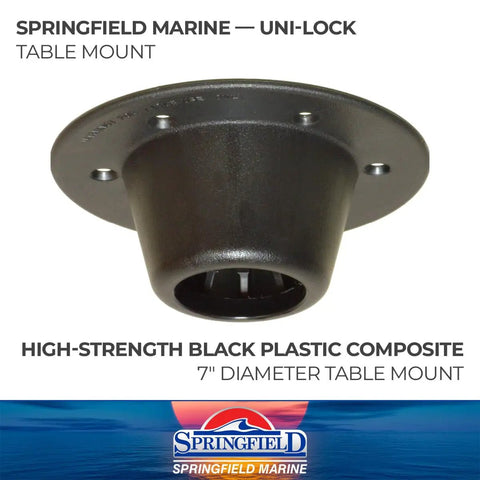 Heavy Duty Black Plastic Unilock Table Mount For Any Two Three Eight Inch Post With Seven Inch Diameter And Five Hole Pattern.