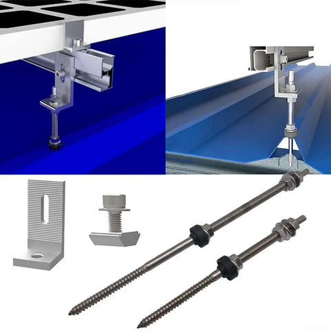 Built Tight M10 L Angle Mount Bracket Set For Solar Panel Racking On Corrugated Metal Roofs With Heavy Gauge Stainless Steel Pole Fasteners.