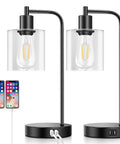 Set Of 2 Industrial Touch Control Table Lamps With 2 USB Ports And AC Outlet, glass shade, black base, charging phones, LED bulbs included