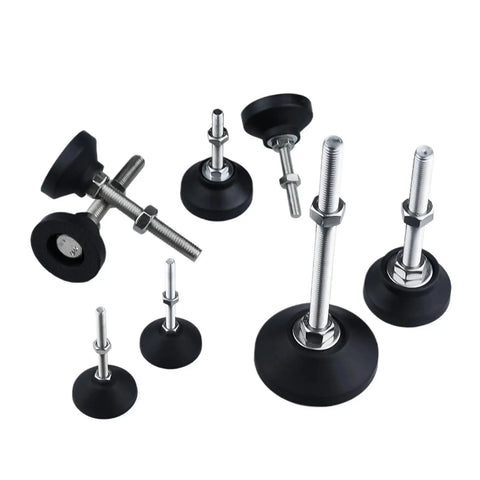 Universal Adjustable Furniture Leveling Feet Four Pack featuring Swivel Angle Controls, carbon steel bodies with nylon glide pads.
