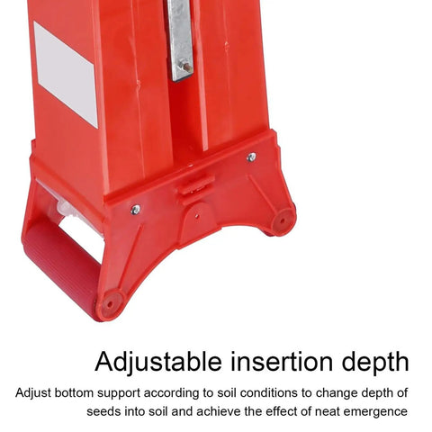 Depth Adjustable Hand Push Garden Seeder for Corn and More, showing adjustable insertion depth feature with red base.