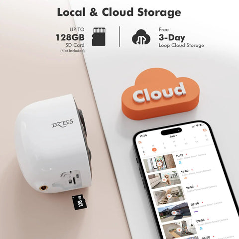 Cloud storage options for Outdoor Wireless Security Camera System With Spotlight And Siren, 2K 3MP Upgrade, shown with smartphone app.