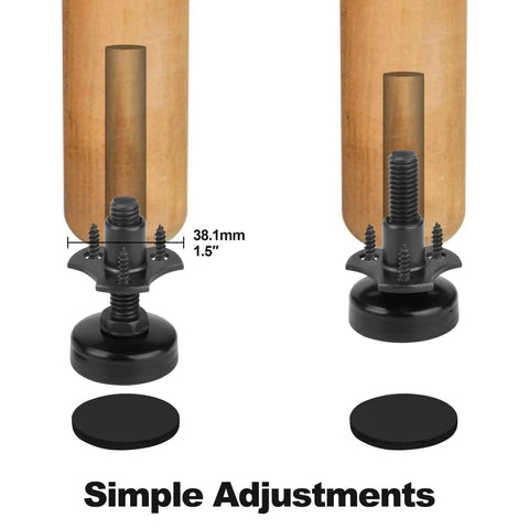Four Pack Heavy Duty Furniture Levelers With Adjustable Feet For Uneven Floors From 0.75 To 1.75 Inches, Supports Up To 1320 Lbs, Large Base Black Kit With Three Eighths Sixteen Thread T Nut For Stabilizing Wobbling Sofas Tables Cabinets And Chairs