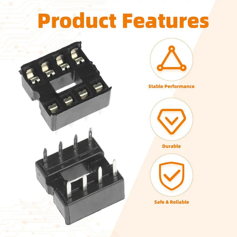 Ten Pack 8P DIP IC Socket Adapter With 2.54mm Pitch Dual Row Solder Type IC Chip Socket for Prototyping and Repairs shown with features