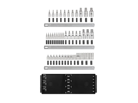 43-Piece Drive Torx And External Star Socket Set With Rails For Auto Repair, shown with organized tools on rails