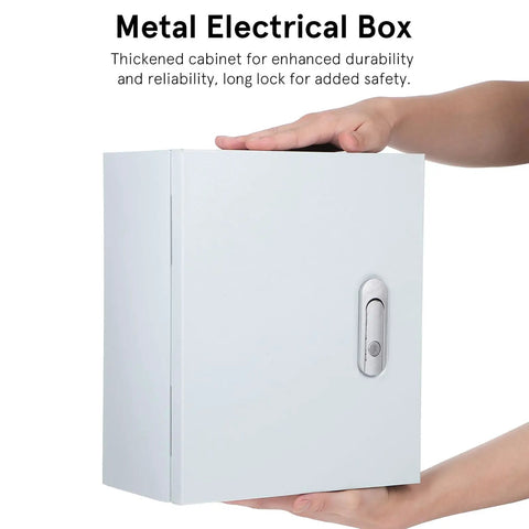 Wall Mount Electrical Enclosure Box 250x300x140mm Heavy Duty Metal Distribution Panel held by hands