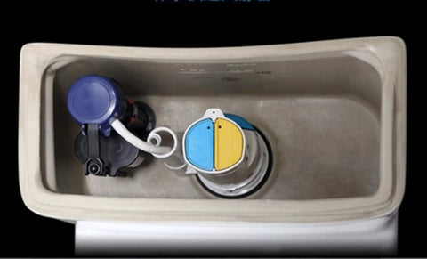 Inside view of a toilet tank showing a Two Inch Toilet Flush Valve Assembly For Most One Piece Toilets With Top Push Button Universal Fit