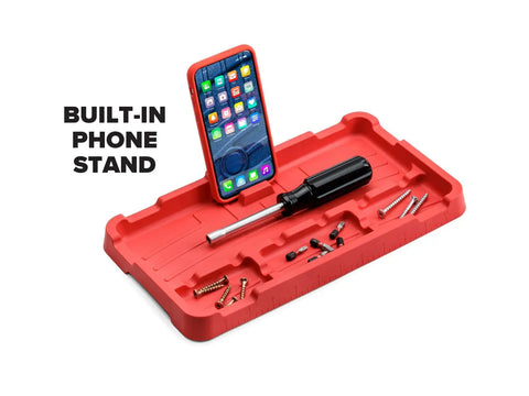 Set Of 2 Flexible Tool Trays Organizer For Screws Nuts Bolts Non Magnetic With Grab And Go Handles Spill Proof Storage For Home Garage And Workshop Red Heavy Duty with built-in phone stand