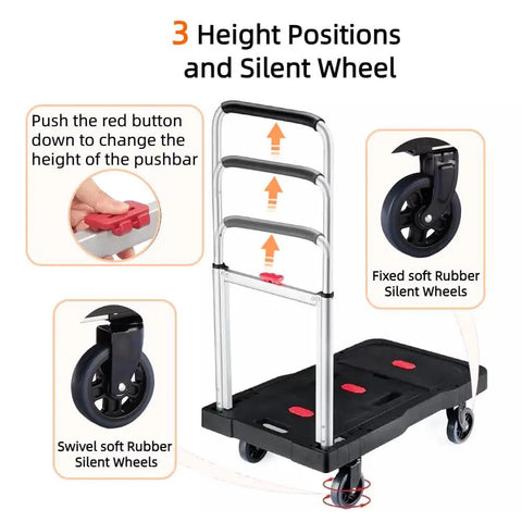 Foldable Hand Truck With 330 Lbs Capacity Heavy Duty Luggage Cart Portable Push Cart Dolly showing adjustable handle and silent wheels
