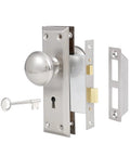 Three Pack Mortise Lock Set For Interior Doors With Privacy Lock And Skeleton Key Old School Style Door Knobs In Brushed Nickel Finish