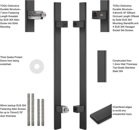 12 Inch Solid Stainless Steel Push Pull Door Handle Set For Barn Glass Doors Heavy Duty Built To Last 304 Stainless Steel Standoffs Matte Black Finish And Glass Pulls, pair view