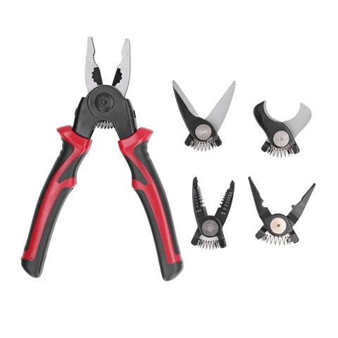 5 In 1 Wire Stripper And Handy Multifunction Pliers Set, Alloy Steel Heavy Duty Cutter with interchangeable heads displayed