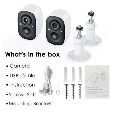 Two-Pack Wireless Outdoor Porch Cameras With 2K Crystal Video And Color Night Vision AI Motion Detection kit contents