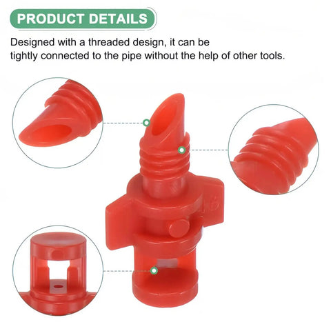 Close-up of 100 Pack Pressure Activated Pump Spray Heads For 360 Degree Red Micro Mist Irrigation Systems Pre Calibrated For 15 To 60 PSI Dual Stage Nozzle Delivers Wider 360 Degree Coverage Direct Screw On.