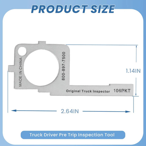 Must Have Pre Trip Inspection Tool For Truck Drivers And Mechanics With Tire Tread Depth Gauge, Brake Lining Thickness Meter shown with dimensions