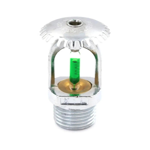 Six Piece Upright Fire Sprinkler Heads Bulk Pack 199 Degree Green Bulb Half Inch Thread auto activation device for fire protection.