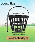 Black portable golf ball basket with handle holds up to 50 balls, shown with measurements and landscape background.