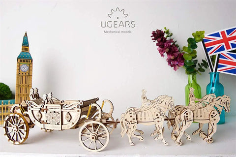 Royal Wedding Carriage Mechanical Wooden Model Kit With Four Horses, Vintage Carriage Replica For Builders, Realistic Leather Seat Interior, Royal Coat Of Arms Details, Gears And Moving Parts For A Satisfying DIY Project