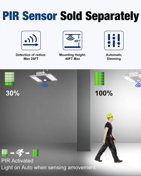 Diagram of 300W LED Linear High Bay Shop Lights 4 Pack with automatic dimming and PIR sensor feature, PIR sensor sold separately.
