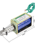 12V DC Push Pull Solenoid Electromagnet, 60N Force, 10mm Stroke, Open Frame, Spring Return Plunger with copper coil and measurements