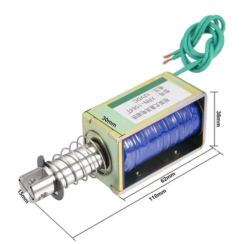 12V DC Push Pull Solenoid Electromagnet, 60N Force, 10mm Stroke, Open Frame, Spring Return Plunger with copper coil and measurements