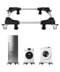 Adjustable Mini Fridge Stand 27.5-35.4 Inches Tall Universal Mobile Base with appliances on heavy duty steel frame.