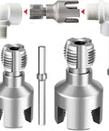 Essential 6 Piece Pipe Threader Kit With 3 Step Drill Bits For Professional NPT Threading And Drilling On PVC Plastic Pipes showing metal dies and drill bits