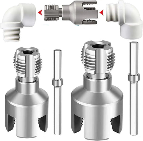 Essential 6 Piece Pipe Threader Kit With 3 Step Drill Bits For Professional NPT Threading And Drilling On PVC Plastic Pipes showing metal dies and drill bits