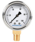 UHARBOUR liquid-filled fuel pressure gauge 2 inch dial, 0-100 psi range, stainless steel case, durable design for reliable measurement.