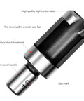 Premium Eight Piece Wood Plug Cutter Drill Bit Set One Quarter Three Eighths Five Eighths Half Inch Steel Boring Tool close-up of steel cutter with size mark