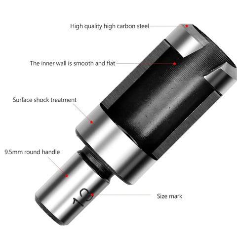 Premium Eight Piece Wood Plug Cutter Drill Bit Set One Quarter Three Eighths Five Eighths Half Inch Steel Boring Tool close-up of steel cutter with size mark