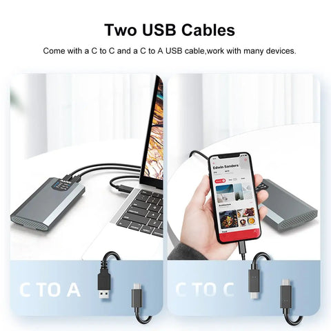 Killer Dual Bay M.2 NVMe RAID Enclosure Delivering Boss Level Performance With Flawless 20Gbps Transfer Rates Over High Speed USB Type C For Rock Solid Daily Computing showing USB C and A cables connecting to devices.