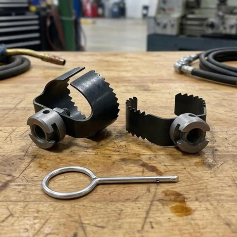 Heavy Duty Three Piece Drain Auger Set Featuring Tough As Nails Steel Cutter Heads For Knocking Out Grease And Hair Clogs In 4 Through 8 Inch Pipes, includes steel cutter heads and a key.