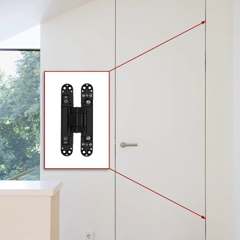 Two Pack 7 Inch Hidden Door Hinges In Black Finish, Modern Contemporary, Zinc Alloy And Aluminum With Hardware on white