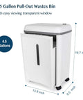 4.5 Gallon Pull-Out Wastes Bin with transparent window for easy viewing, white finish, dimensions 19.7x13.9x9.5 inches.