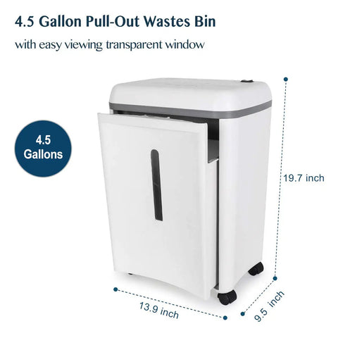 4.5 Gallon Pull-Out Wastes Bin with transparent window for easy viewing, white finish, dimensions 19.7x13.9x9.5 inches.