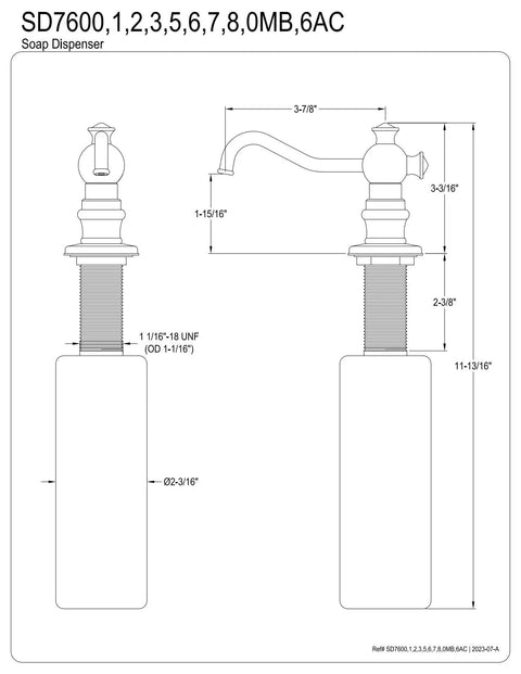 Schematic of vintage polished brass soap dispenser with heavy-duty push down pump, refillable 350 ml bottle, curved nozzle