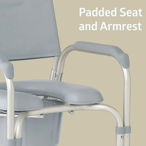 Rock Solid Aluminum Shower Chair Commode With Plush Padded Seat And Smooth Roll Locking Casters featuring padded seat and armrests.