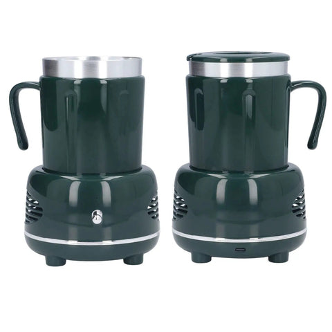 Dual Mode Electric Mug Warmer And Cooler Keeps Your Coffee Ice Cold Or Piping Hot Desktop Aluminum Heater Chiller Usb Powered Non Slip Mat For Daily Grind Green with a sleek green finish and stainless steel cup.