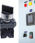 3 Pack ZB2-BE101 2 Position 1NO SPST 22mm Latching Round Top Rotary Selector Switch AC 600V 10A shown beside control panel
