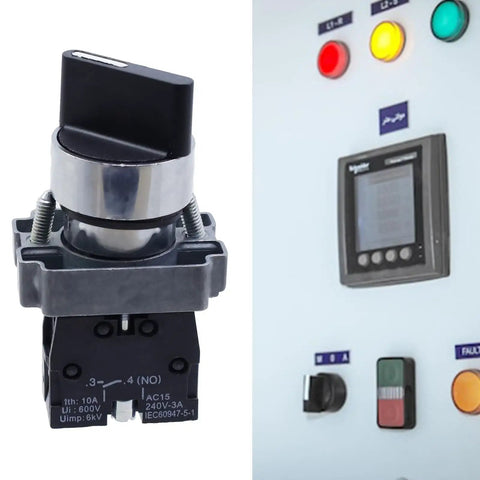 3 Pack ZB2-BE101 2 Position 1NO SPST 22mm Latching Round Top Rotary Selector Switch AC 600V 10A shown beside control panel