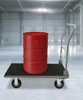 Beefy Heavy Duty Steel Platform Cart With 2200 Lbs Capacity Foldable Flat Dolly For Warehouse Garage And Workshop Use With Four Wheels And Two Brakes Featuring Rust Resistant Steel Frame And Durable Coating, carrying red drum