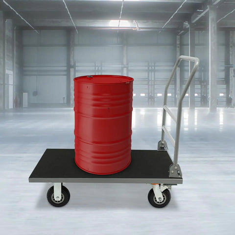 Beefy Heavy Duty Steel Platform Cart With 2200 Lbs Capacity Foldable Flat Dolly For Warehouse Garage And Workshop Use With Four Wheels And Two Brakes Featuring Rust Resistant Steel Frame And Durable Coating, carrying red drum