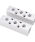 Beefy Aluminum Pneumatic Air Manifold Block, 3 Way 5 Port With 1/2 NPT Inlet And 1/4 NPT Outlets for compressors, shown in silver