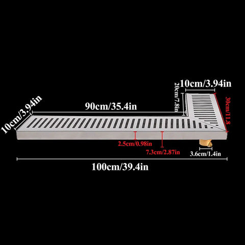 Kickass L Shaped Shower Drain Ultra Heavy 304 Stainless Steel Hair Catcher with dimensions marked for fast drainage.