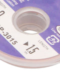 Spool label close-up showing Pro Grade Desoldering Wick For PCB Repair 5m Red Copper Solder Wick 1.5m length marking