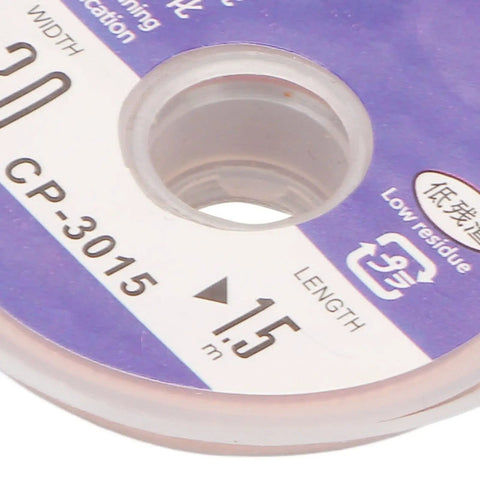 Spool label close-up showing Pro Grade Desoldering Wick For PCB Repair 5m Red Copper Solder Wick 1.5m length marking