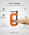 Heavy Duty 1 Inch Iron G Clamp For Woodworking And Furniture Projects With Strong Clamping Power Durable Orange Finish holding two wooden pieces together.