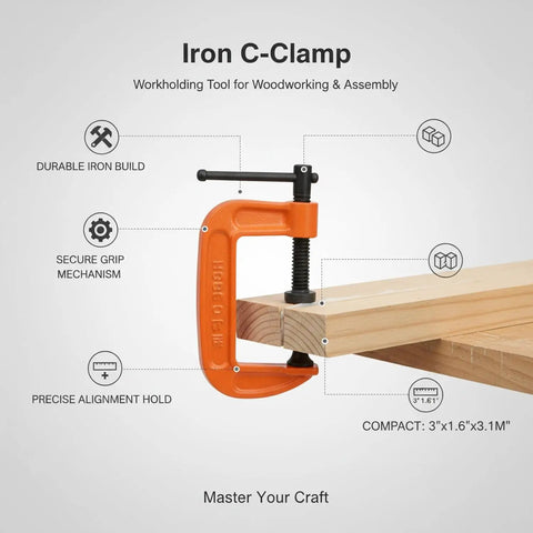 Heavy Duty 1 Inch Iron G Clamp For Woodworking And Furniture Projects With Strong Clamping Power Durable Orange Finish holding two wooden pieces together.